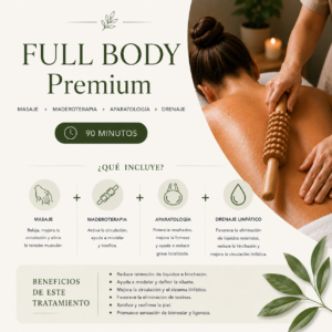 Full Body Premium: Masaje + Maderoterapia + Aparatología + Drenaje (90 min)