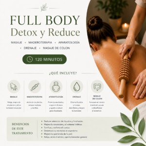 Full Body Detox y Reduce: Masaje + Madera + Aparatología + Drenaje + Masaje de Colon (120 min)