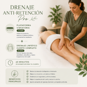 Drenaje Anti-Retención Pro: Plataforma Vibratoria (10 min) + Drenaje Linfático Cuerpo Completo (50 min)
